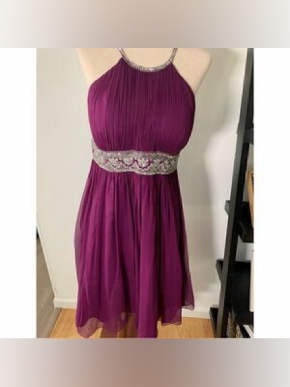Scala Plum Halter Chiffon Prom Dress with Beaded Waistband